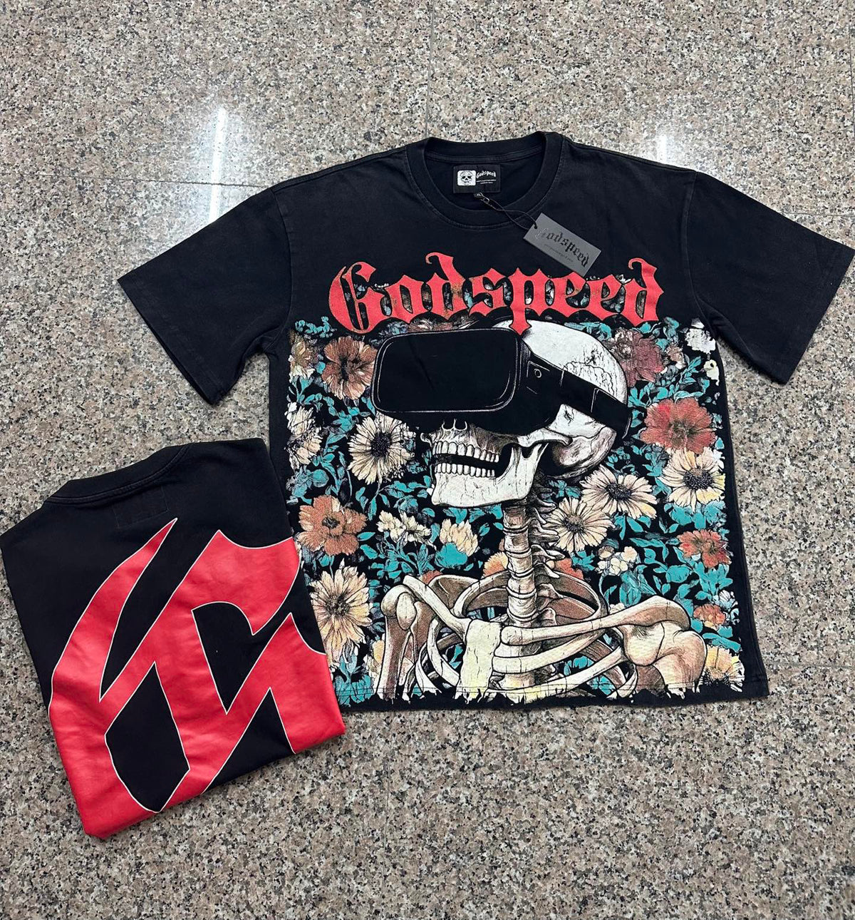 Godspeed VR‑Headset Skeleton Floral Vintage Short‑Sleeve Tee (Washed Black)