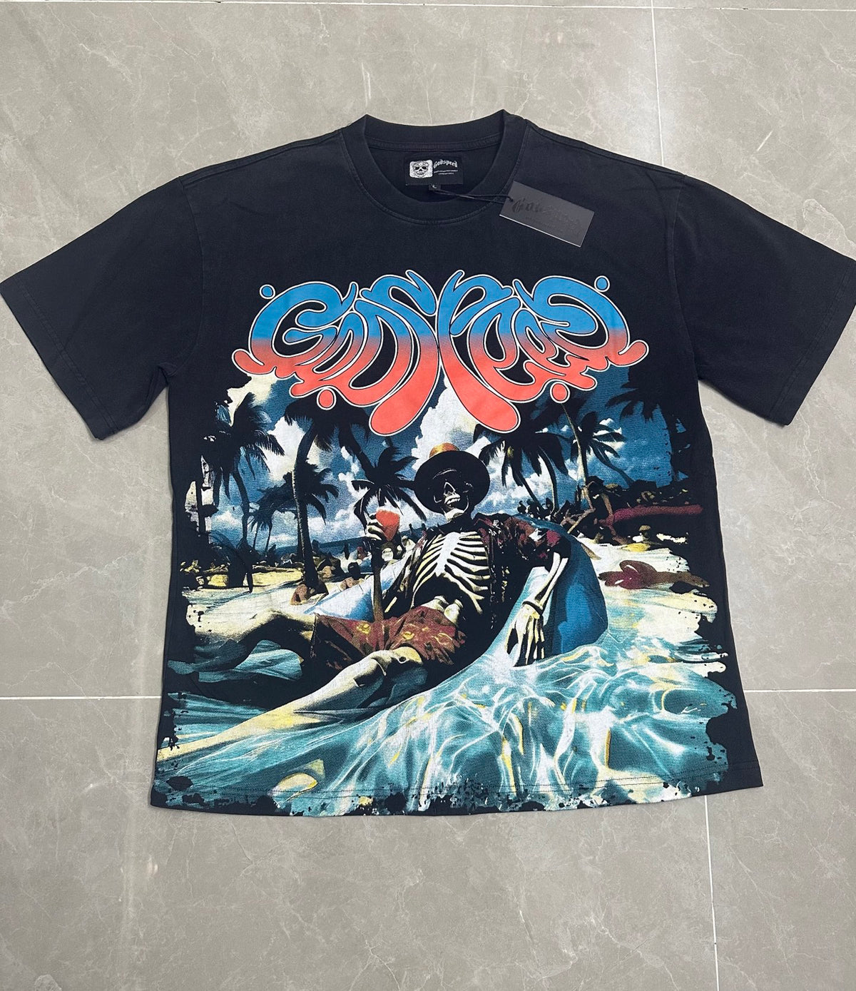 Godspeed Beach Vacation Skeleton Vintage Short‑Sleeve Tee (Washed Black)