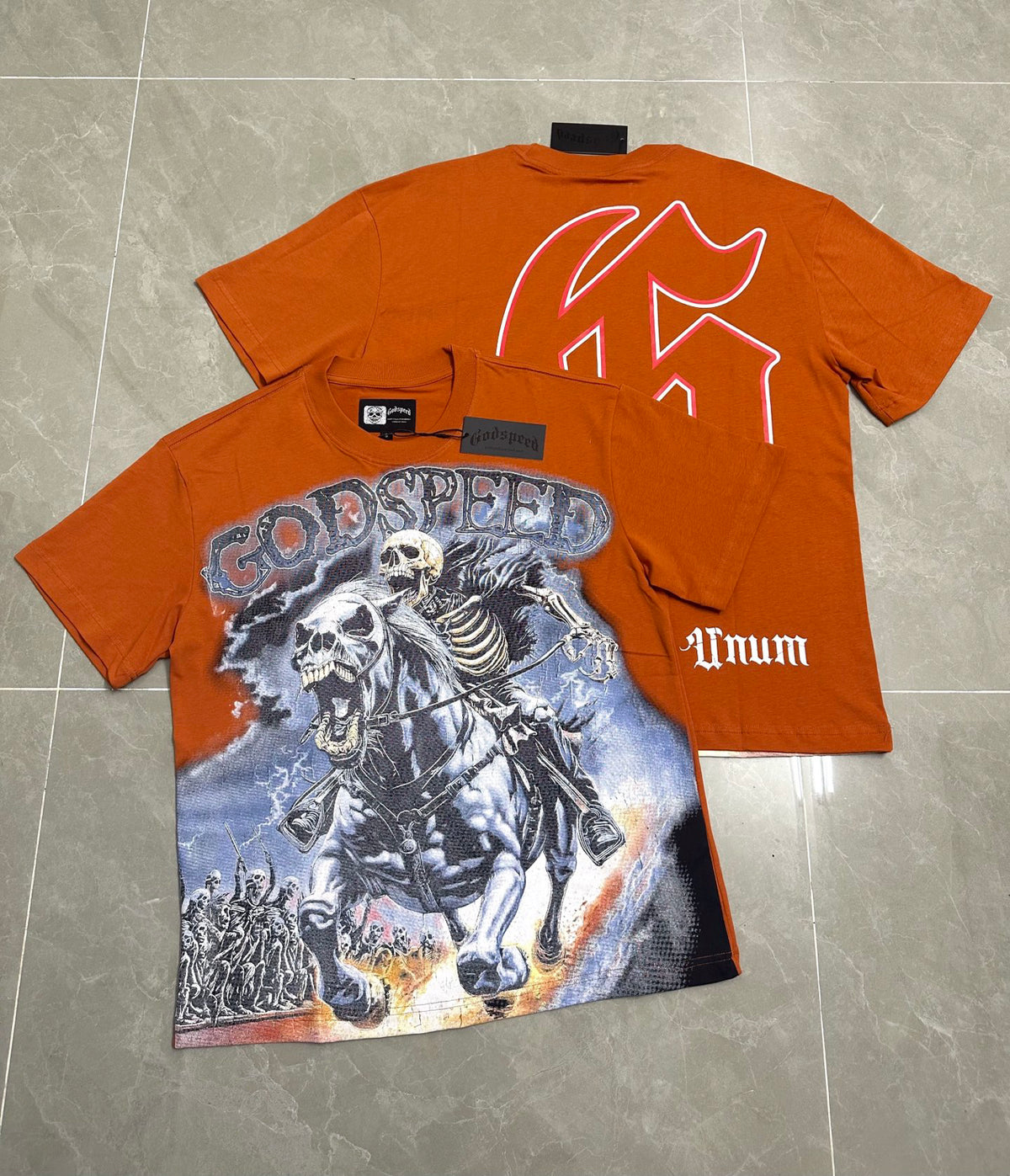 Godspeed Skeleton Horseman Vintage Short‑Sleeve Tee (Orange)