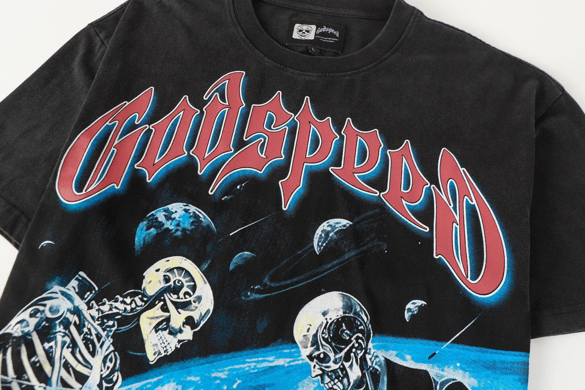 Godspeed Skeletons Playing Chess Space Short Sleeve Tee (Washed Black)