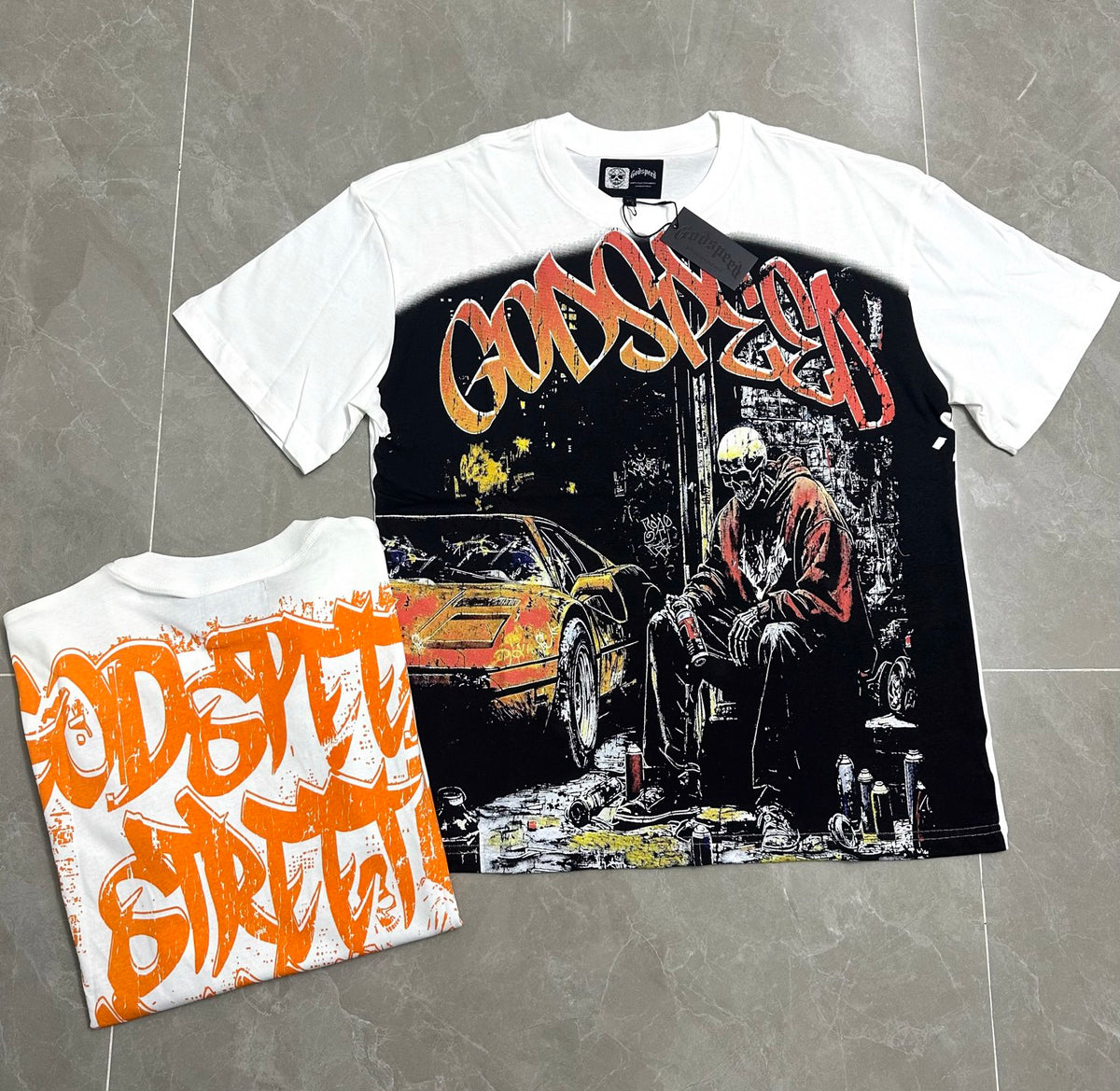 Godspeed Urban Skeleton Night Car Vintage Short‑Sleeve Tee (White)
