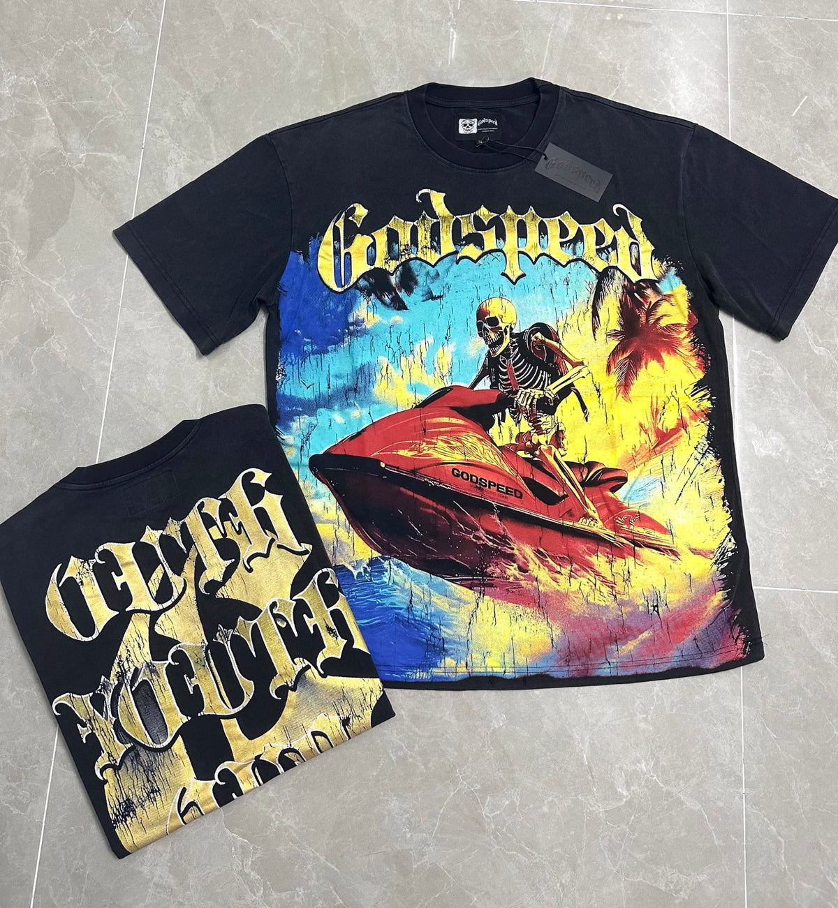 Godspeed Skeleton Jet‑Ski Summer Vintage Short‑Sleeve Tee (Washed Black)