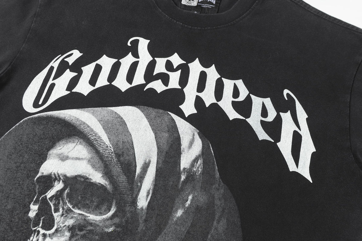 Godspeed American Flag Hooded Skeleton Short‑Sleeve T‑Shirt (Black)