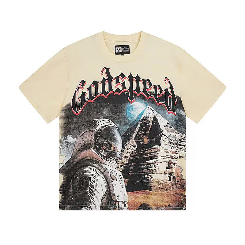 Godspeed Astronaut & Egyptian Pyramid Vintage Short‑Sleeve Tee (Cream Yellow)