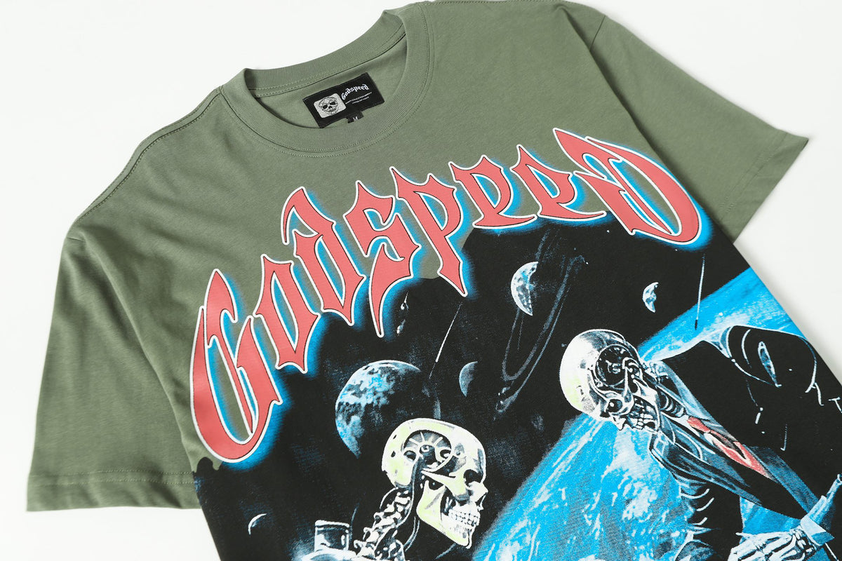 Godspeed Skeletons Playing Chess Space Short Sleeve Tee (Olive Green)