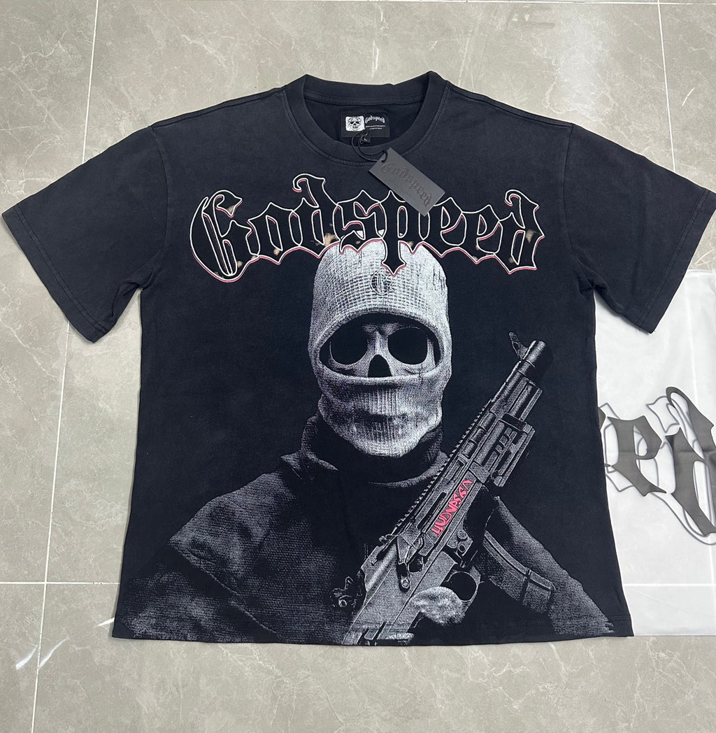 Godspeed Skull Balaclava Gunman Vintage Short‑Sleeve Tee (Washed Black)