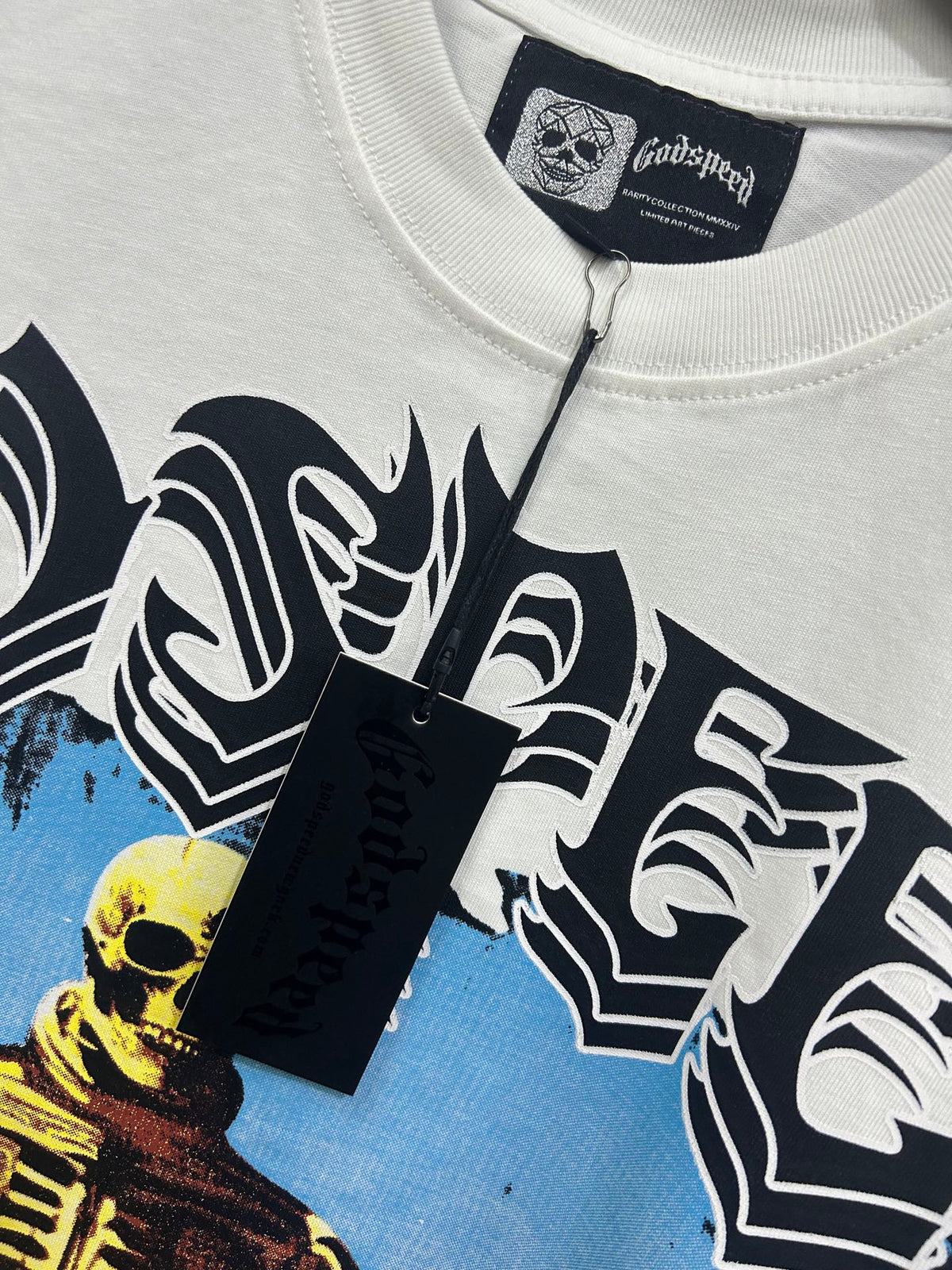 Godspeed Skeleton Race‑Car Driver Short‑Sleeve T‑Shirt (White)