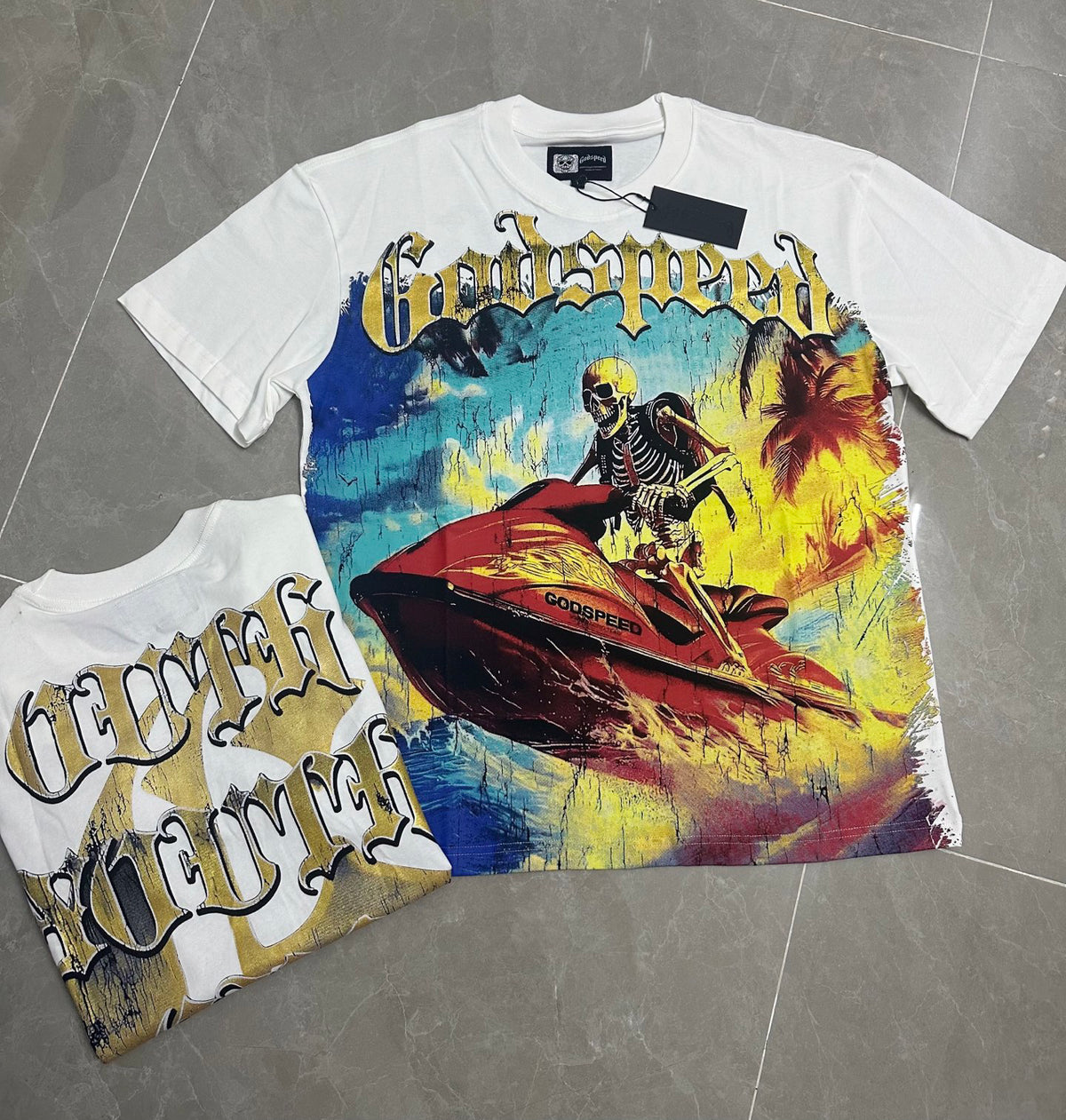 Godspeed Skeleton Jet‑Ski Summer Vintage Short‑Sleeve Tee (White)