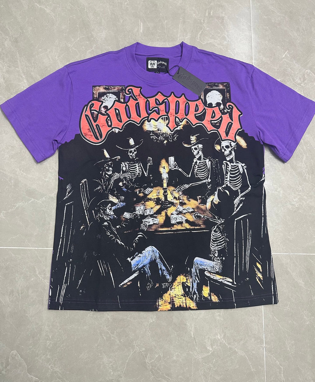 Godspeed Skeleton Cowboys Poker Game Vintage Short‑Sleeve Tee (Purple)