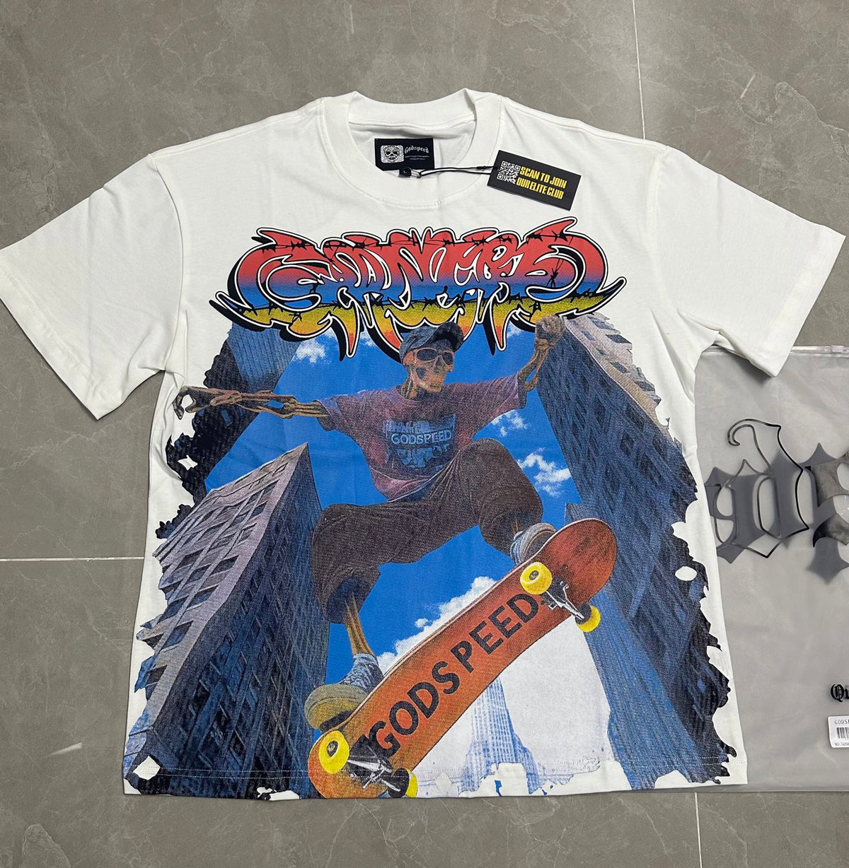 Godspeed Skeleton Skater City Vintage Short‑Sleeve Tee (White)