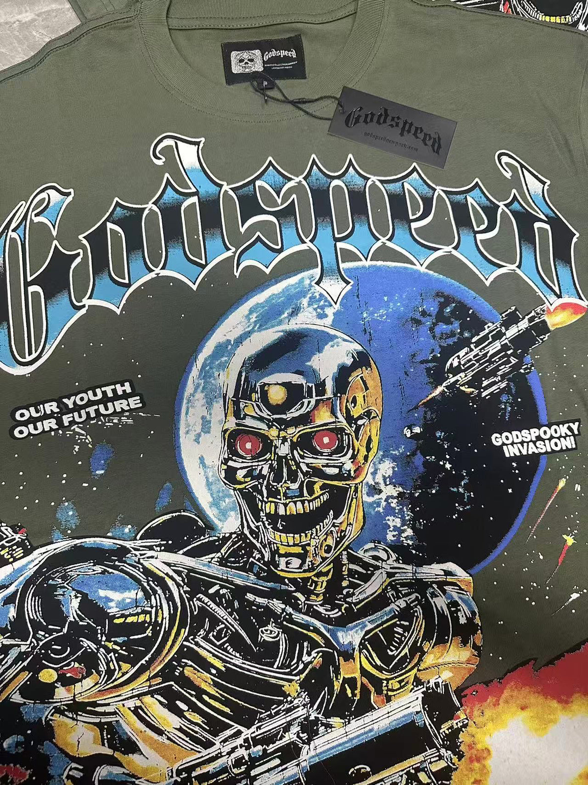 Godspeed Terminator Robot Skeleton Space Short Sleeve Tee (Olive Green)