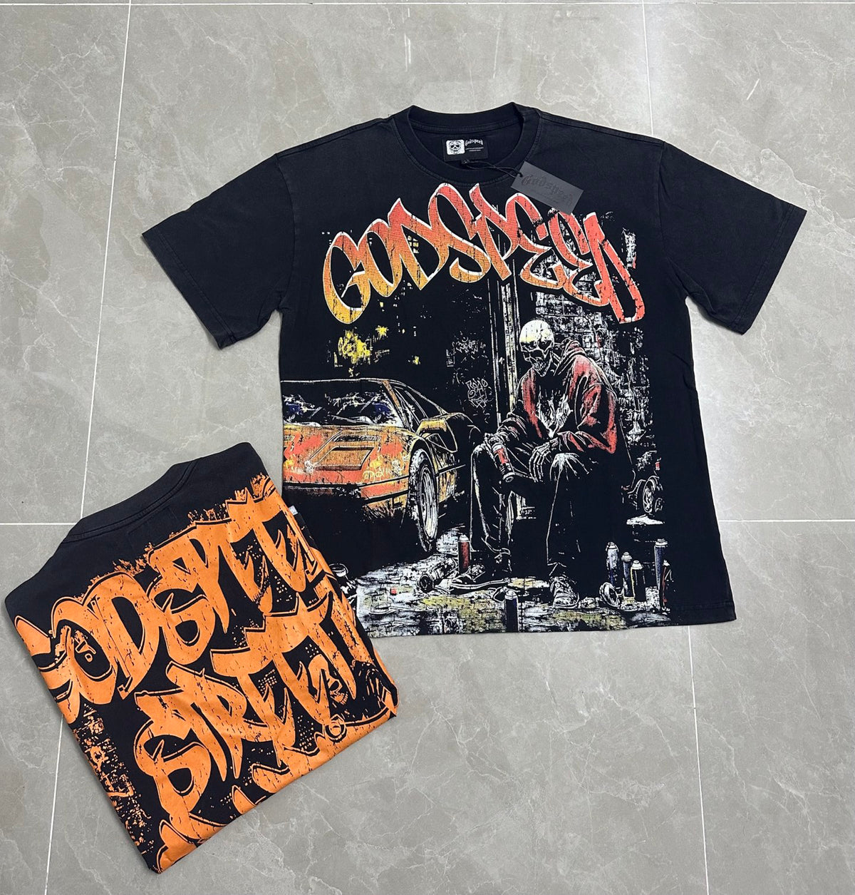 Godspeed Night City Skeleton Sports Car Vintage Short‑Sleeve Tee (Washed Black)