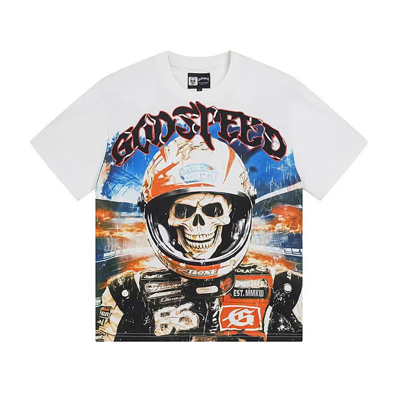 Godspeed Skull Racer Vintage Short‑Sleeve Tee (White)