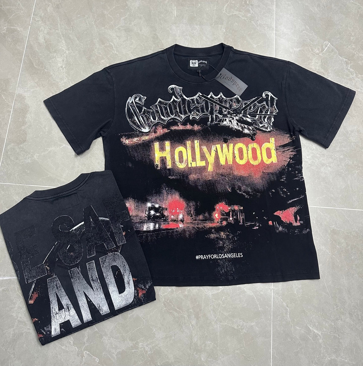Godspeed Hollywood Pray For Los‑Angeles Vintage Short‑Sleeve Tee (Washed Black)