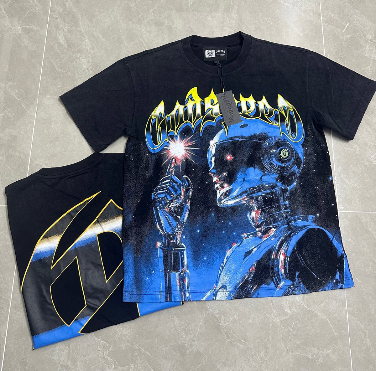 Godspeed Blue Space Robot Vintage Short‑Sleeve Tee (Washed Black)
