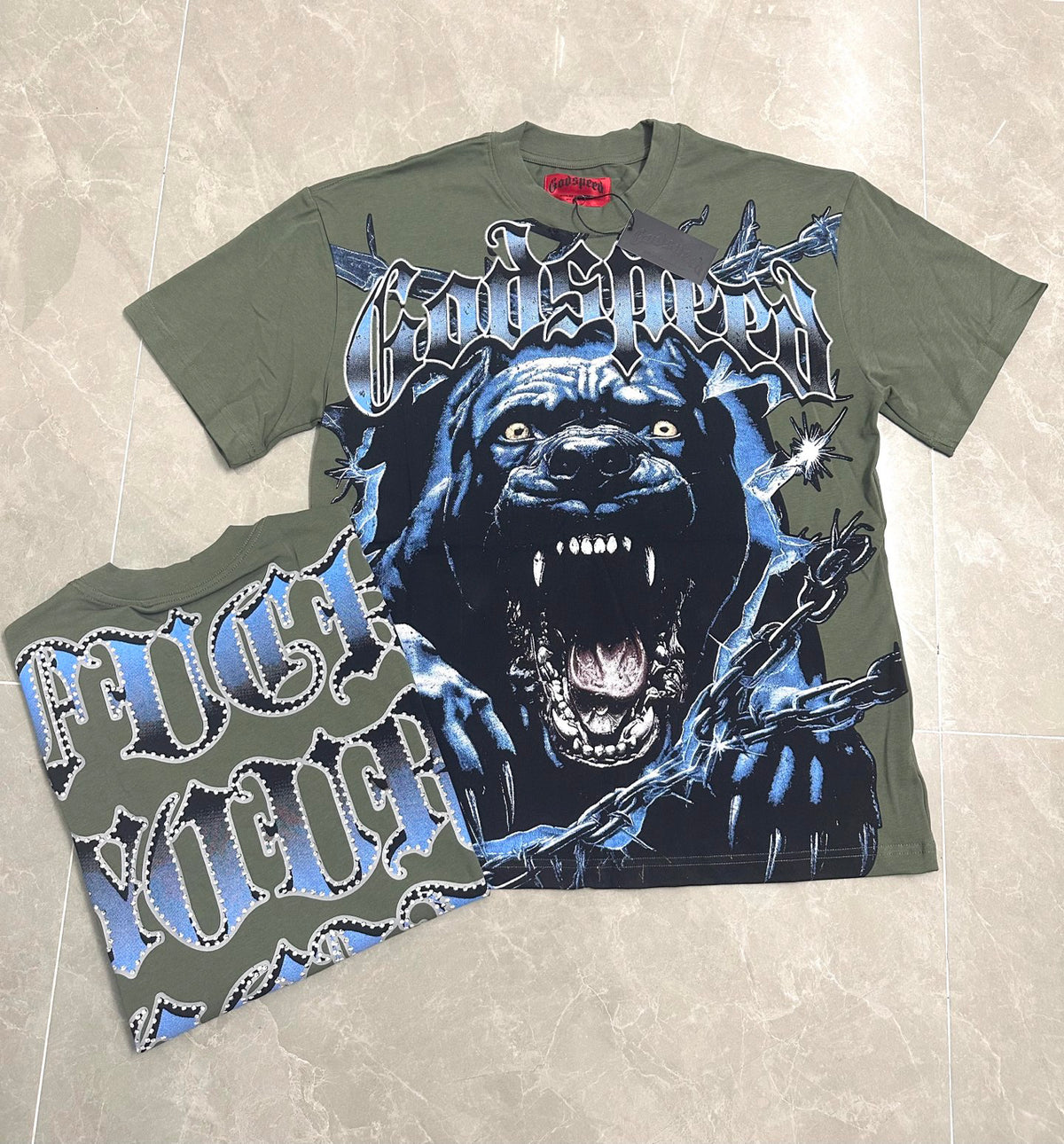 Godspeed Roaring Pitbull Vintage Short‑Sleeve Tee (Olive Green)