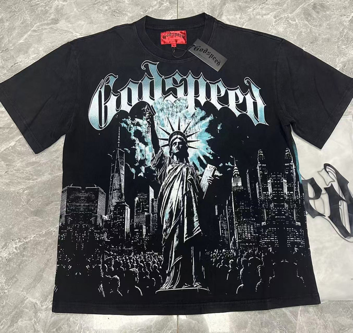 Godspeed Liberty Statue Crowd NYC Short Sleeve Tee (Washed Black)