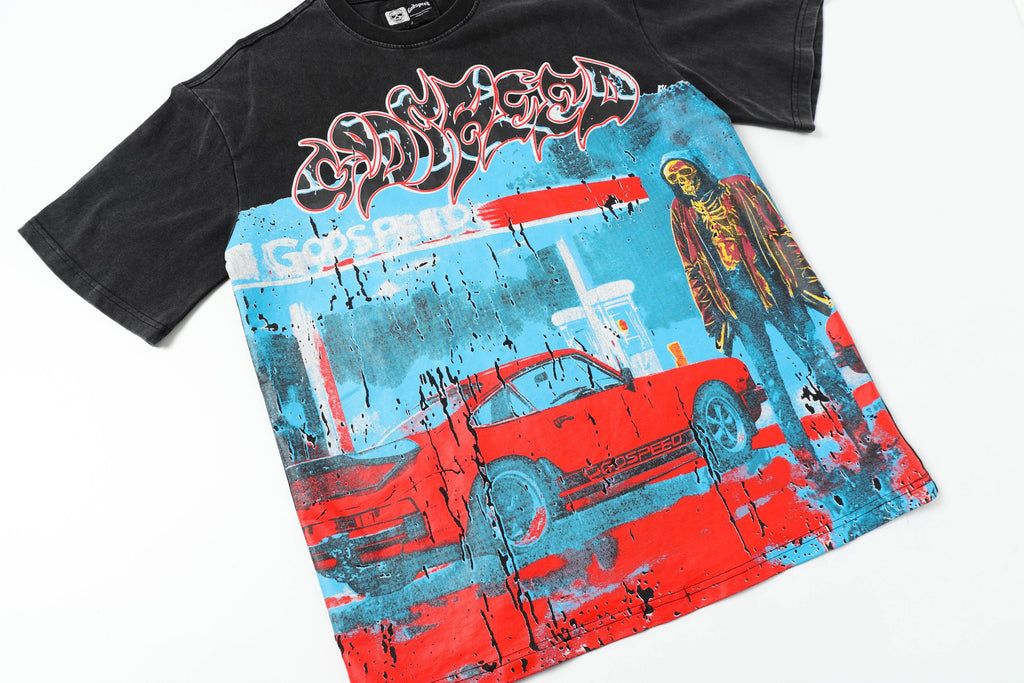 Godspeed Gas Station Porsche Skeleton Graphic T‑Shirt (Washed Black)