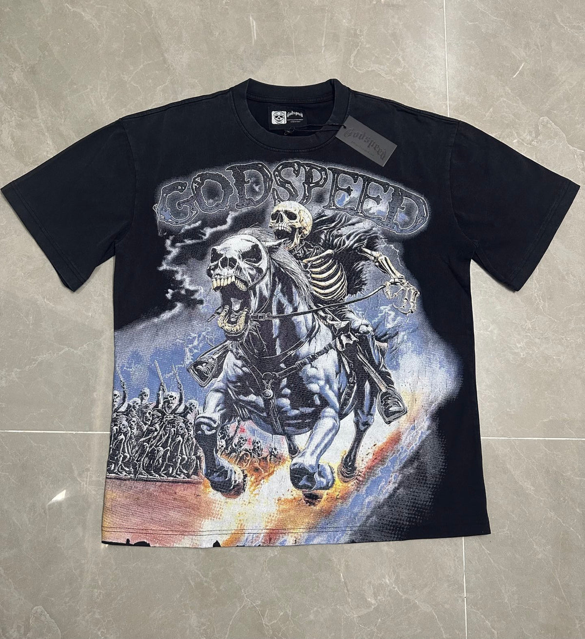 Godspeed Skeleton Horseman Vintage Short‑Sleeve Tee (Washed Black)