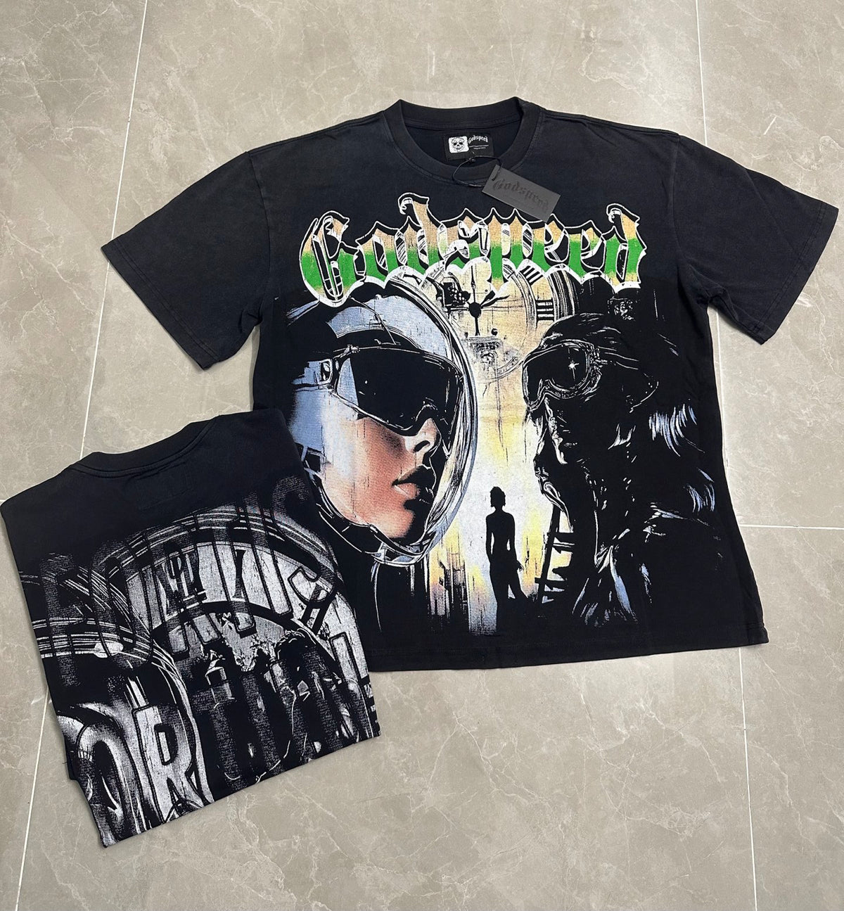 Godspeed Astronaut Time Clock Vintage Short‑Sleeve Tee (Washed Black)