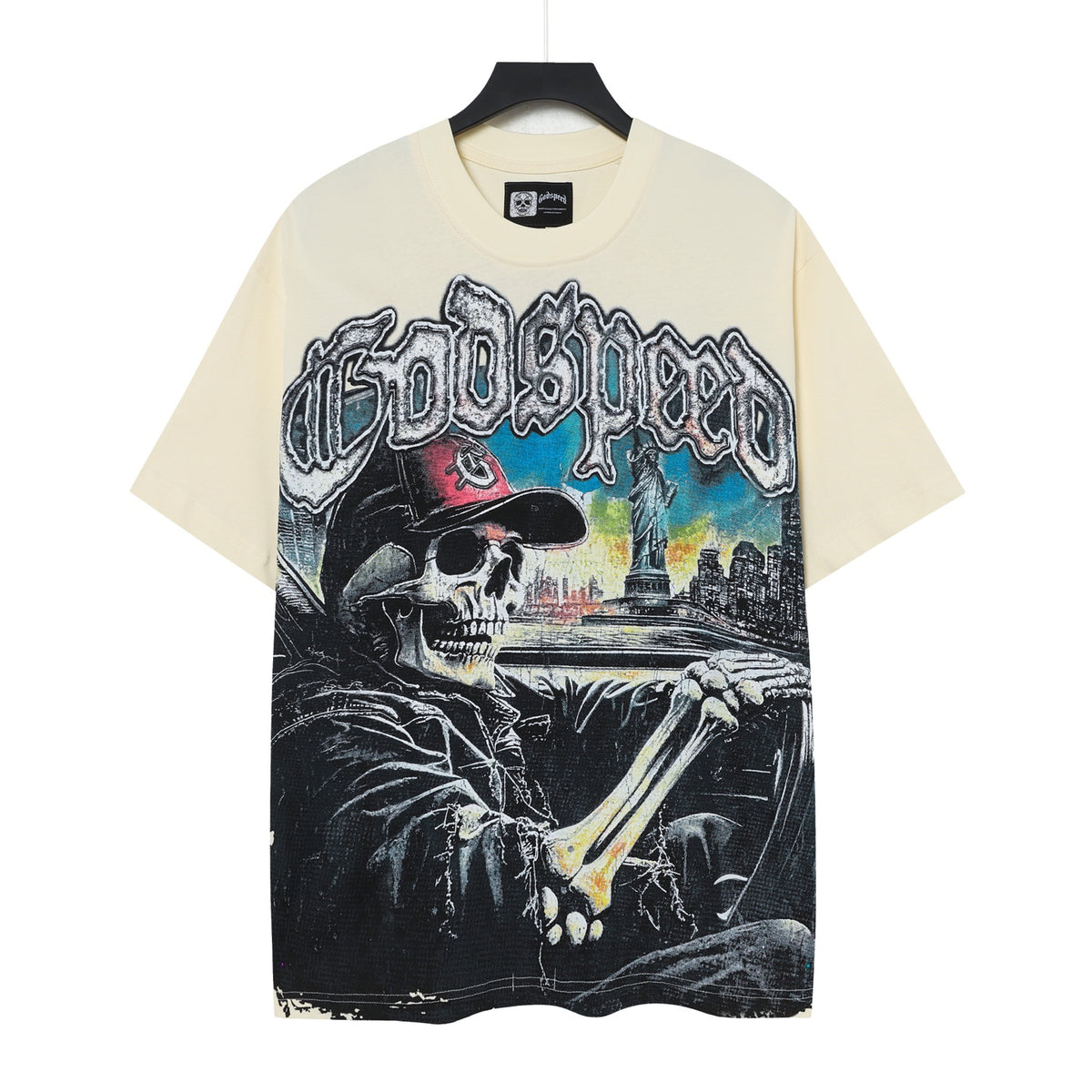 Godspeed Skeleton Driving NYC Double‑Sided Short Sleeve Tee (Slate Blue / Cream Yellow)