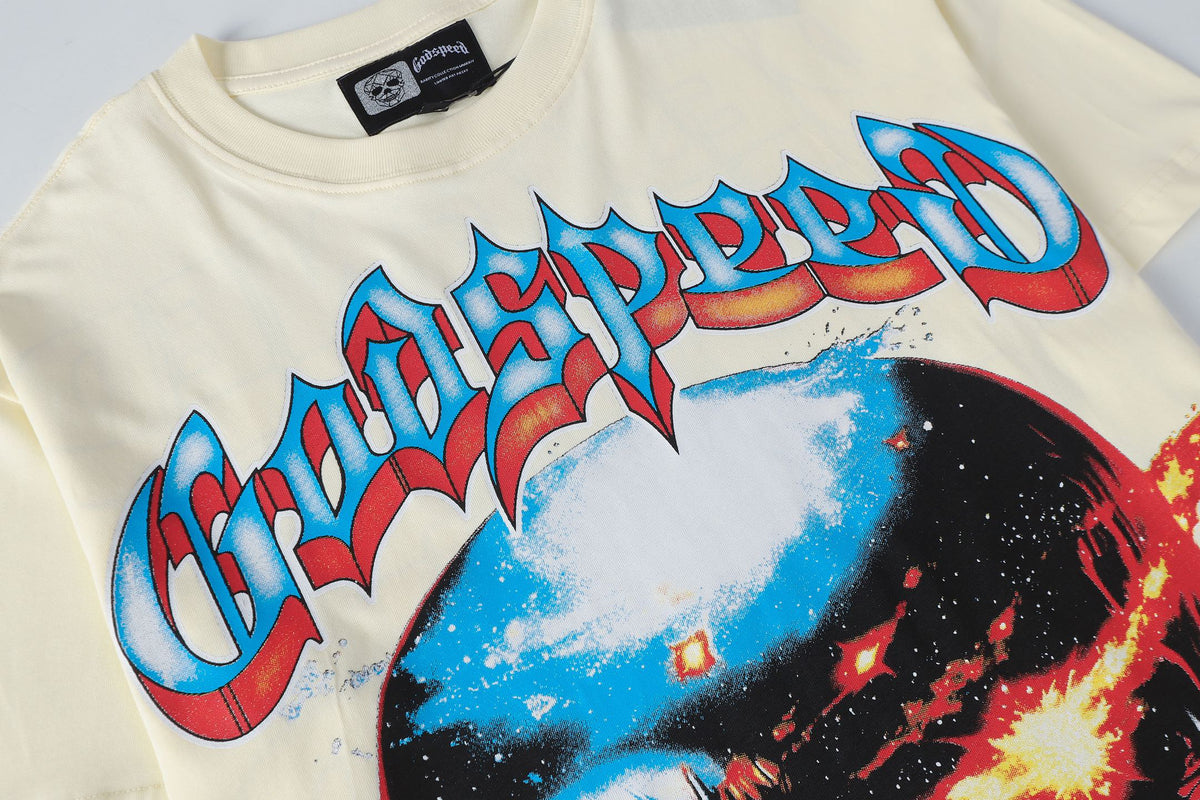 Godspeed Exploding Eye Skull Graphic T‑Shirt (Cream)