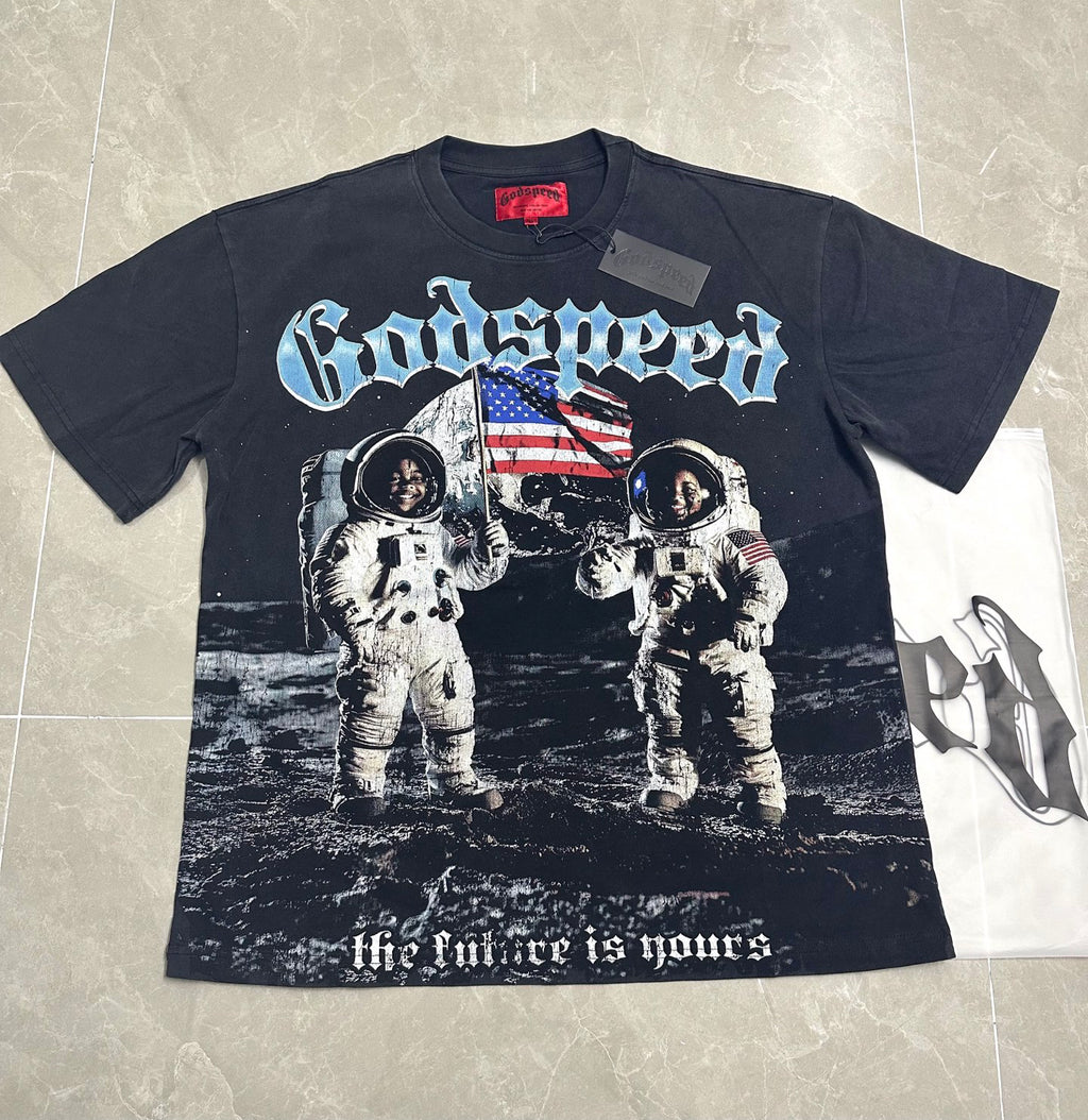 Godspeed Moon Landing Astronauts Vintage Wash Short‑Sleeve Tee (Washed Black)