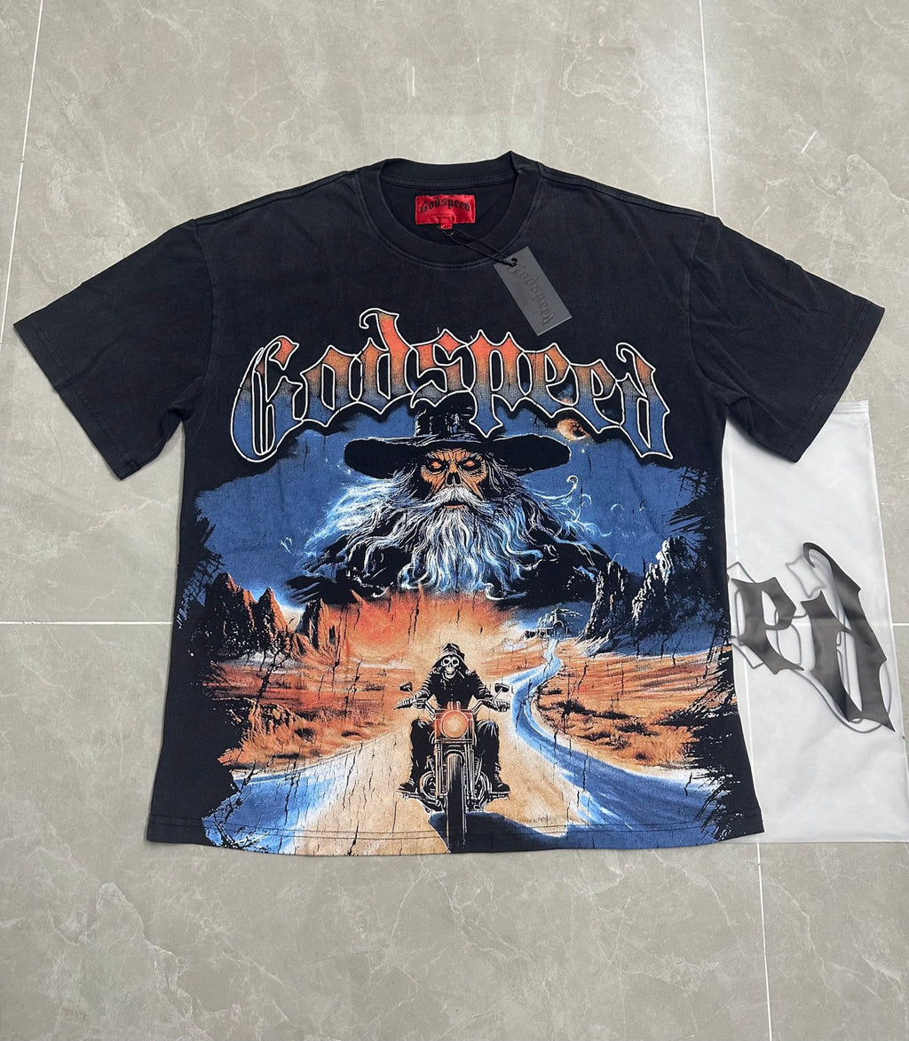 Godspeed Wizard & Skeleton Biker Vintage Wash Short‑Sleeve Tee (Washed Black)