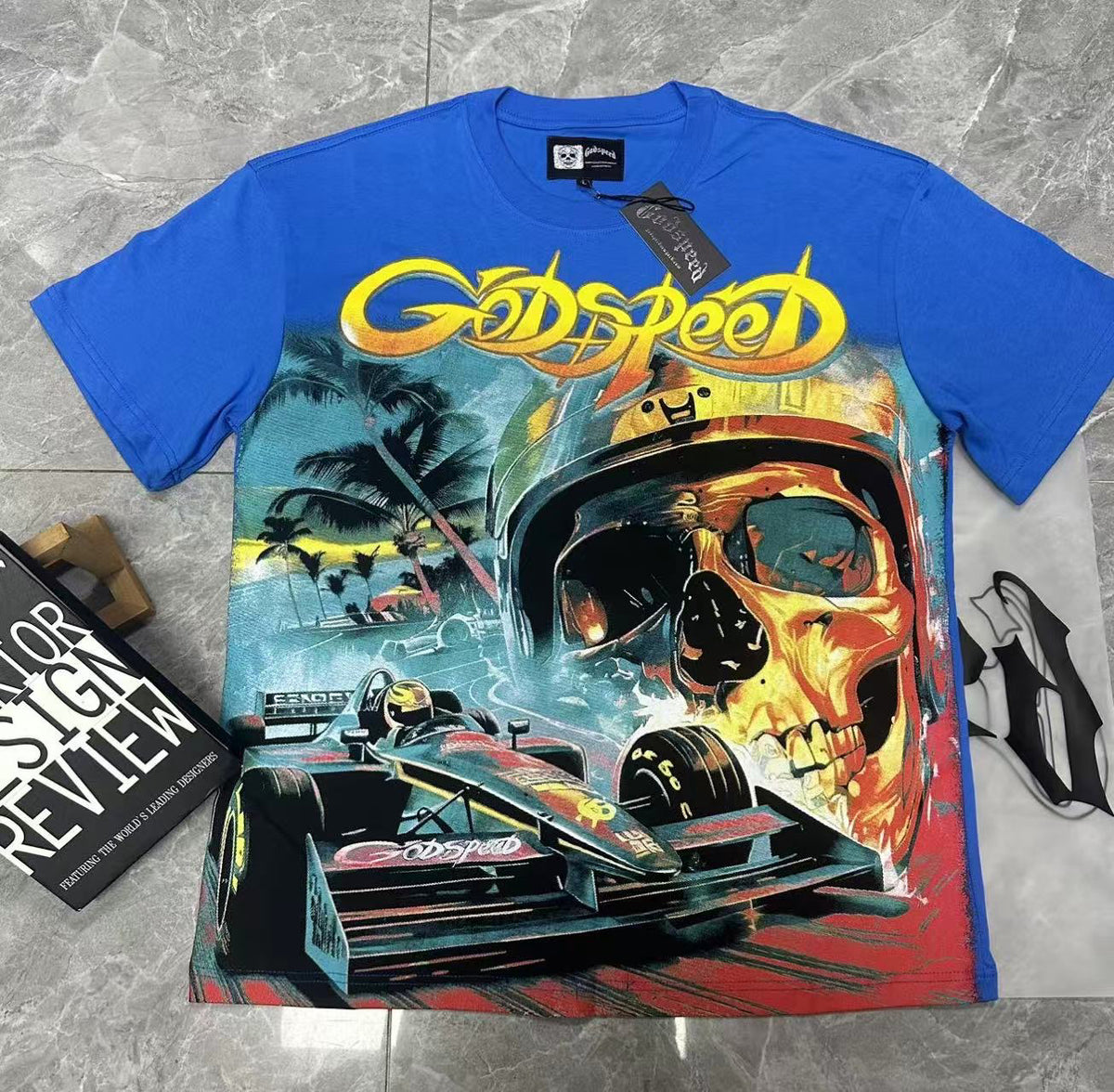 Godspeed F1 Racer Skeleton Double‑Sided Short Sleeve Tee (Bright Blue / White)