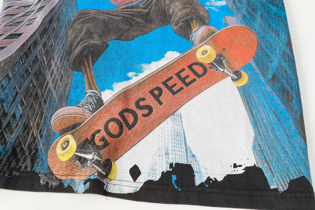 Godspeed Skeleton Skateboard City Graphic T‑Shirt (Washed Black)