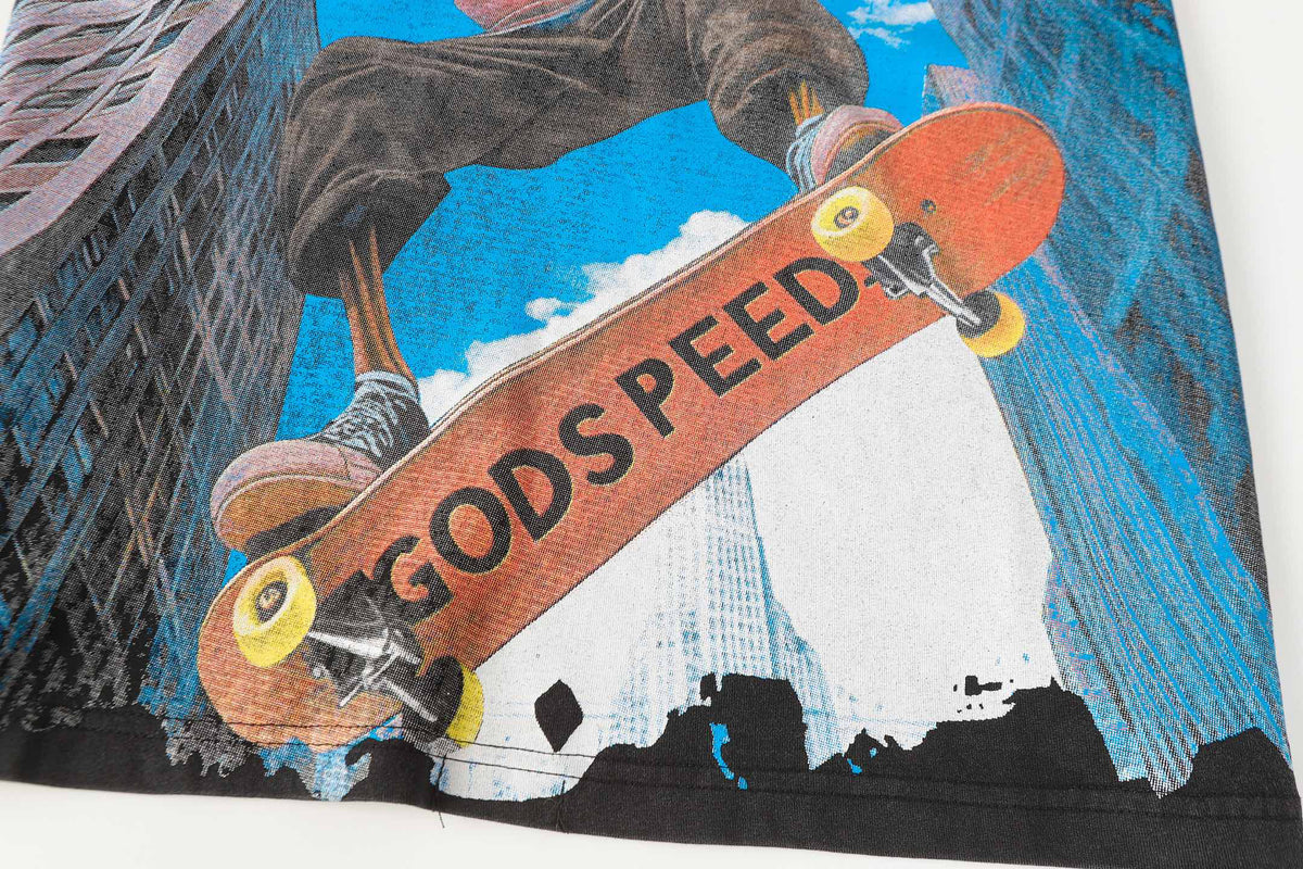 Godspeed Skeleton Skateboard City Graphic T‑Shirt (Washed Black)