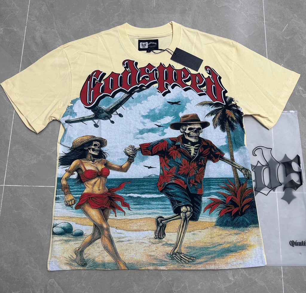 Godspeed Beach Couple Skeleton Vacation Short Sleeve Tee (Cream Off‑White)