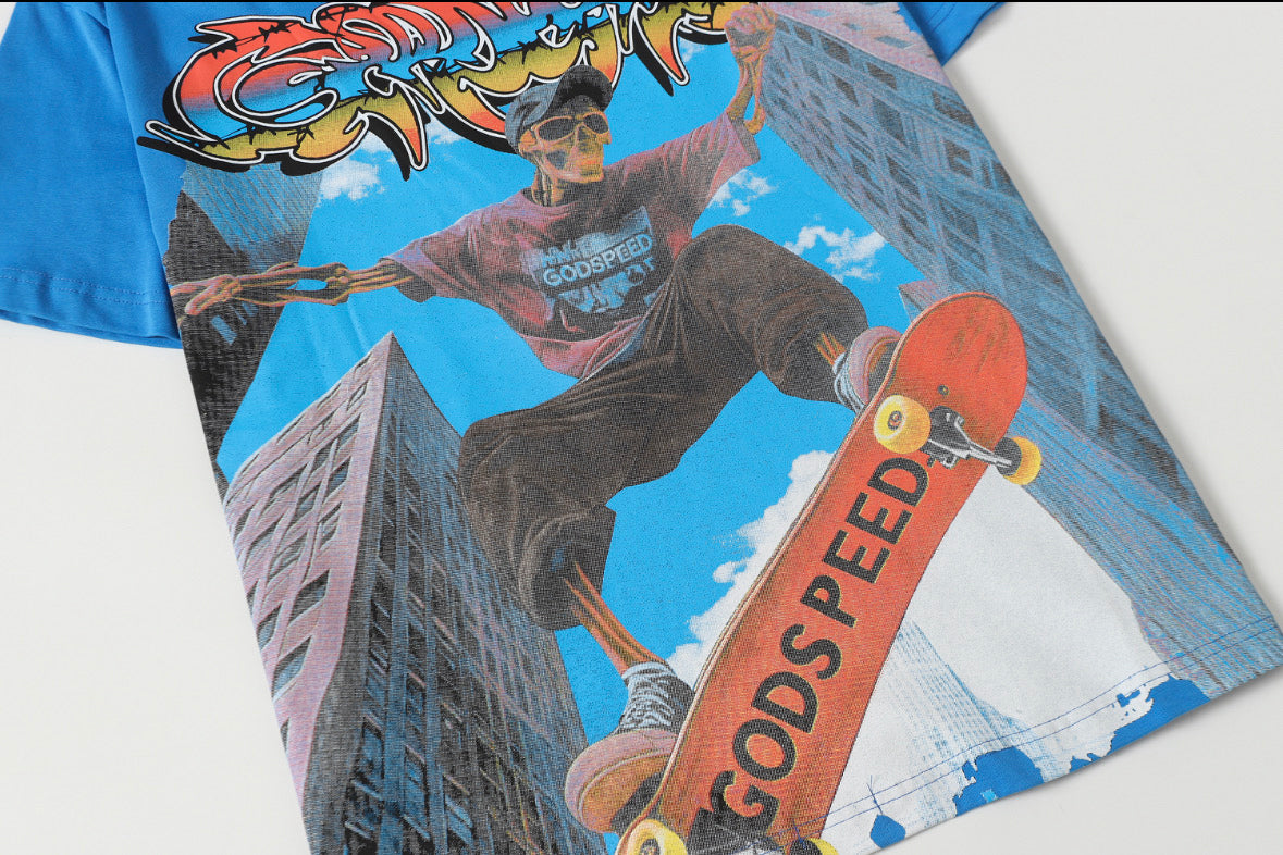 Godspeed Skeleton Skateboard City Graphic T‑Shirt (Bright Blue)