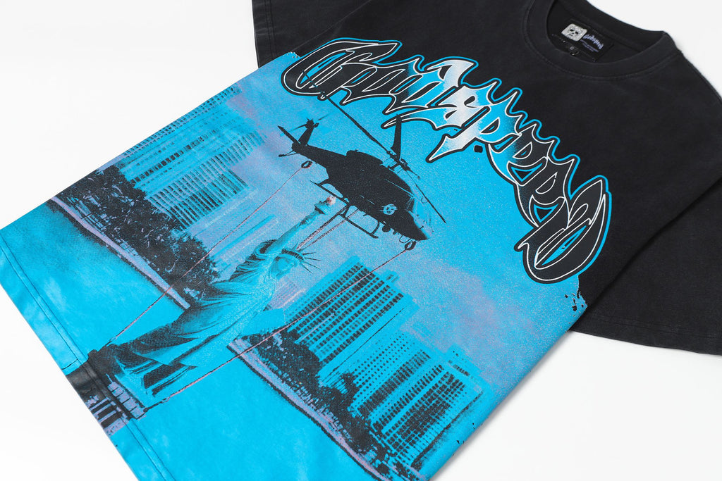Godspeed Helicopter City Skyline Vintage Graphic Tee