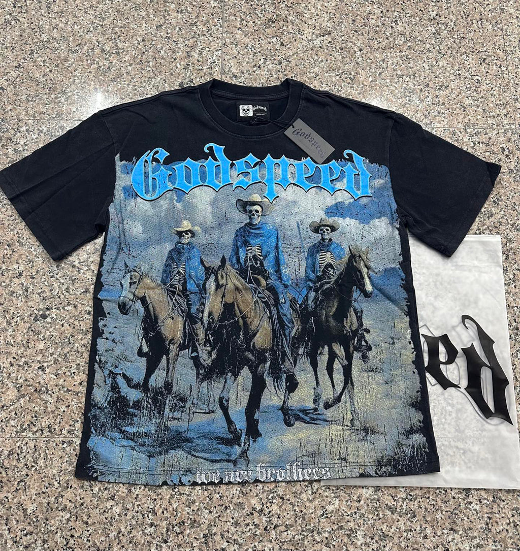 Godspeed Wild West Three Skeleton Cowboy Riders Short‑Sleeve Tee (Washed Black)
