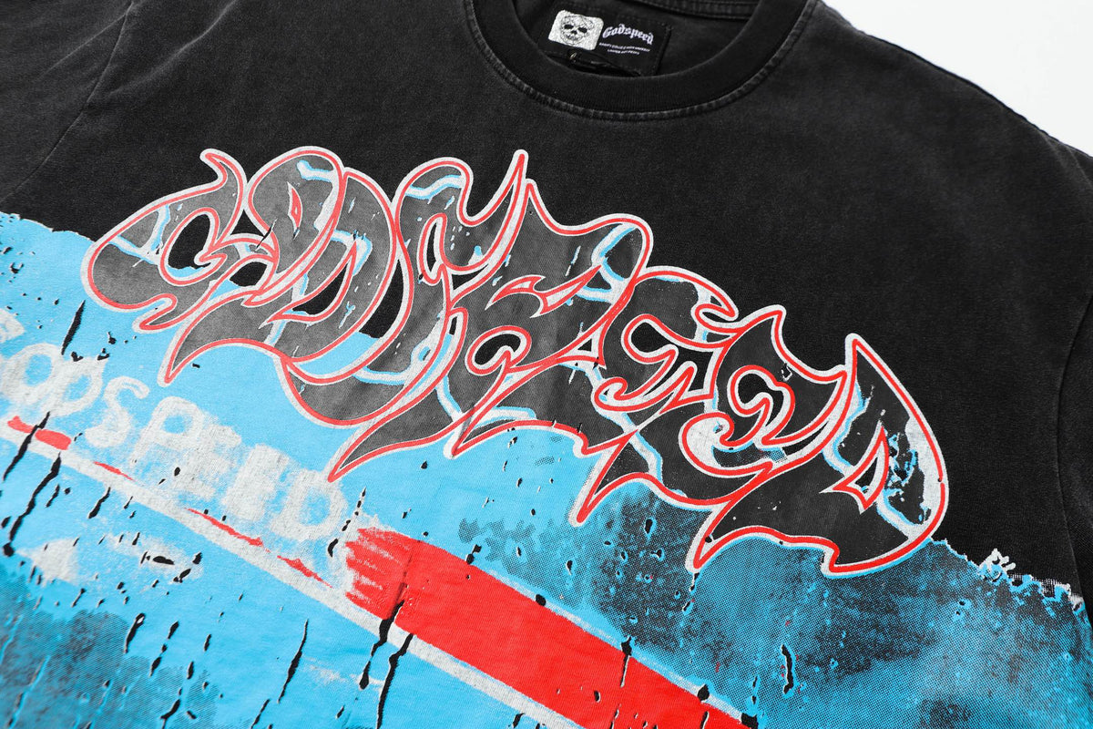 Godspeed Gas Station Porsche Skeleton Graphic T‑Shirt (Washed Black)