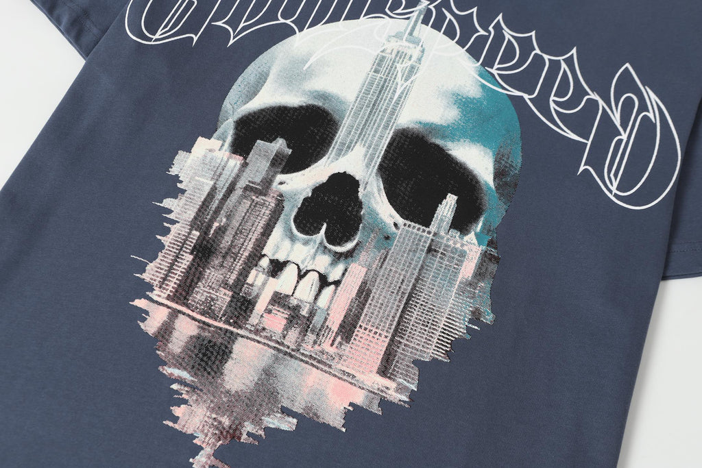 Godspeed NYC Skull Skyline Vintage Graphic Tee (Slate Blue)