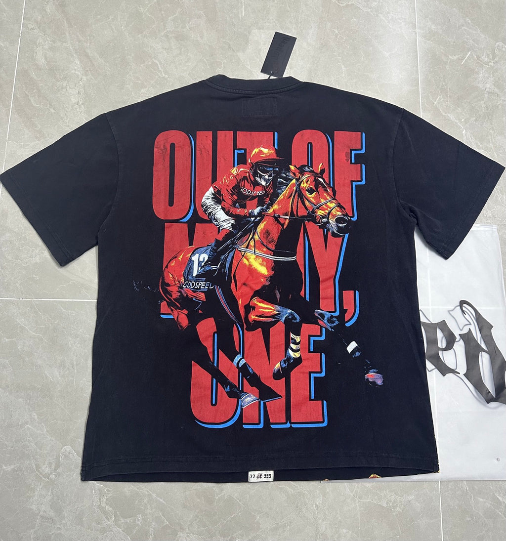 Godspeed Horse‑Racing Jockey Vintage Short‑Sleeve Tee (Washed Black)