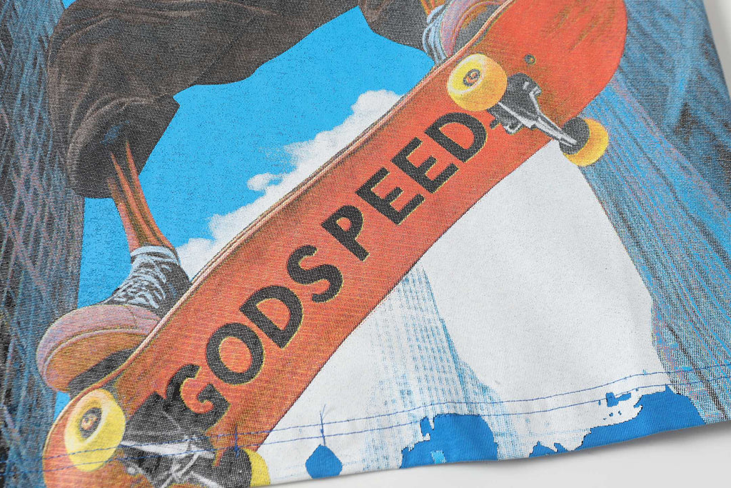 Godspeed Skeleton Skateboard City Graphic T‑Shirt (Bright Blue)