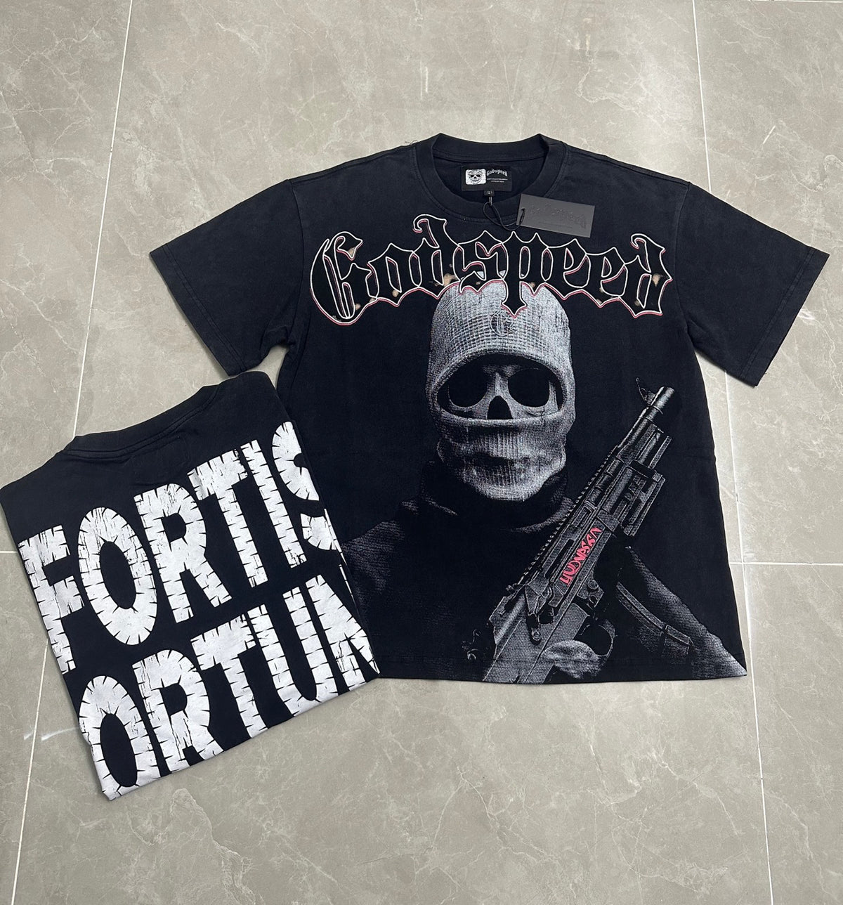 Godspeed Skull Balaclava Gunman Vintage Short‑Sleeve Tee (Washed Black)