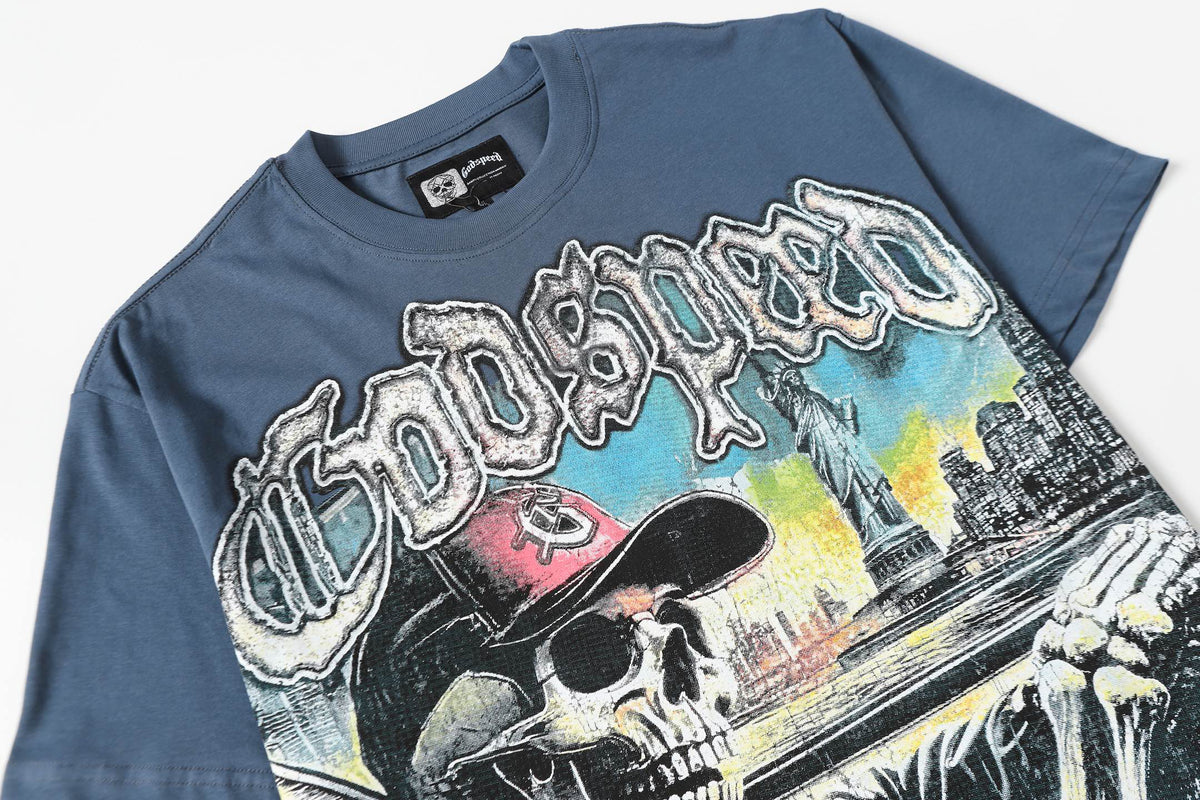 Godspeed Skeleton Driving NYC Double‑Sided Short Sleeve Tee (Slate Blue / Cream Yellow)