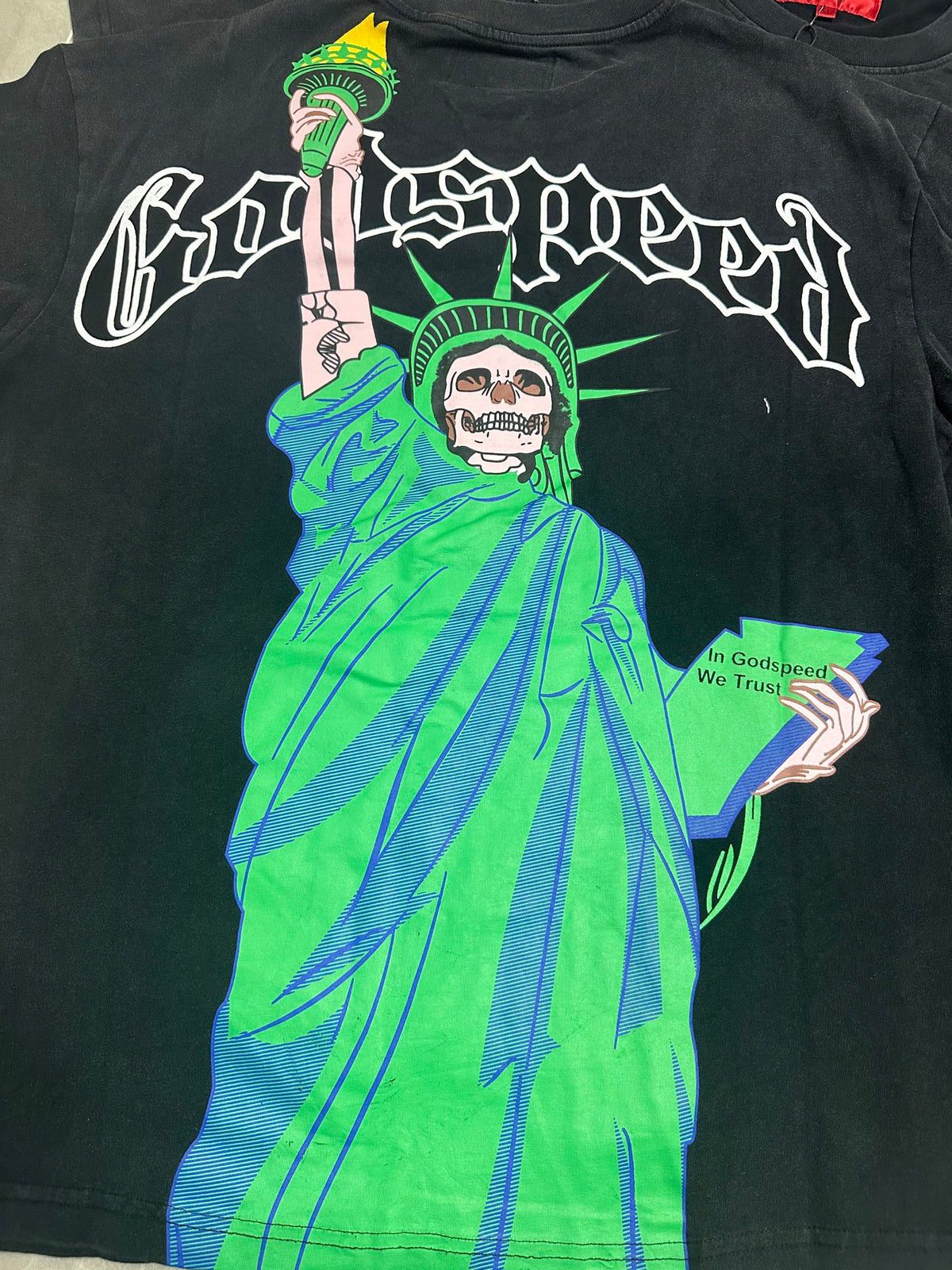 Godspeed Skeleton Statue Of Liberty Short Sleeve Tee (Washed Black)