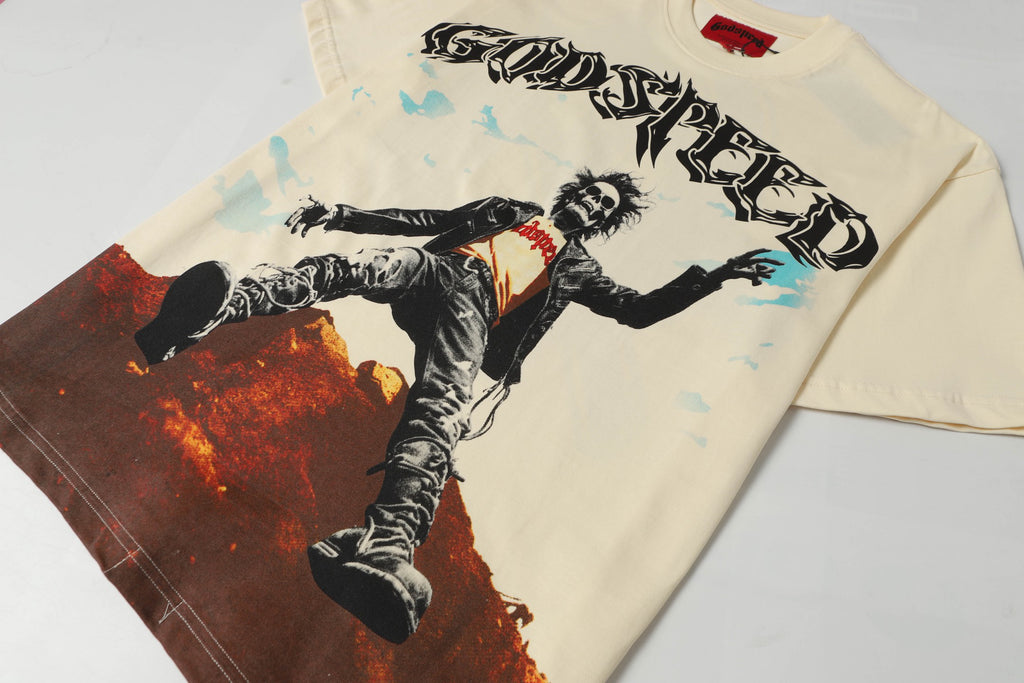 Godspeed Rock Skeleton Mountain Short‑Sleeve T‑Shirt (Cream)
