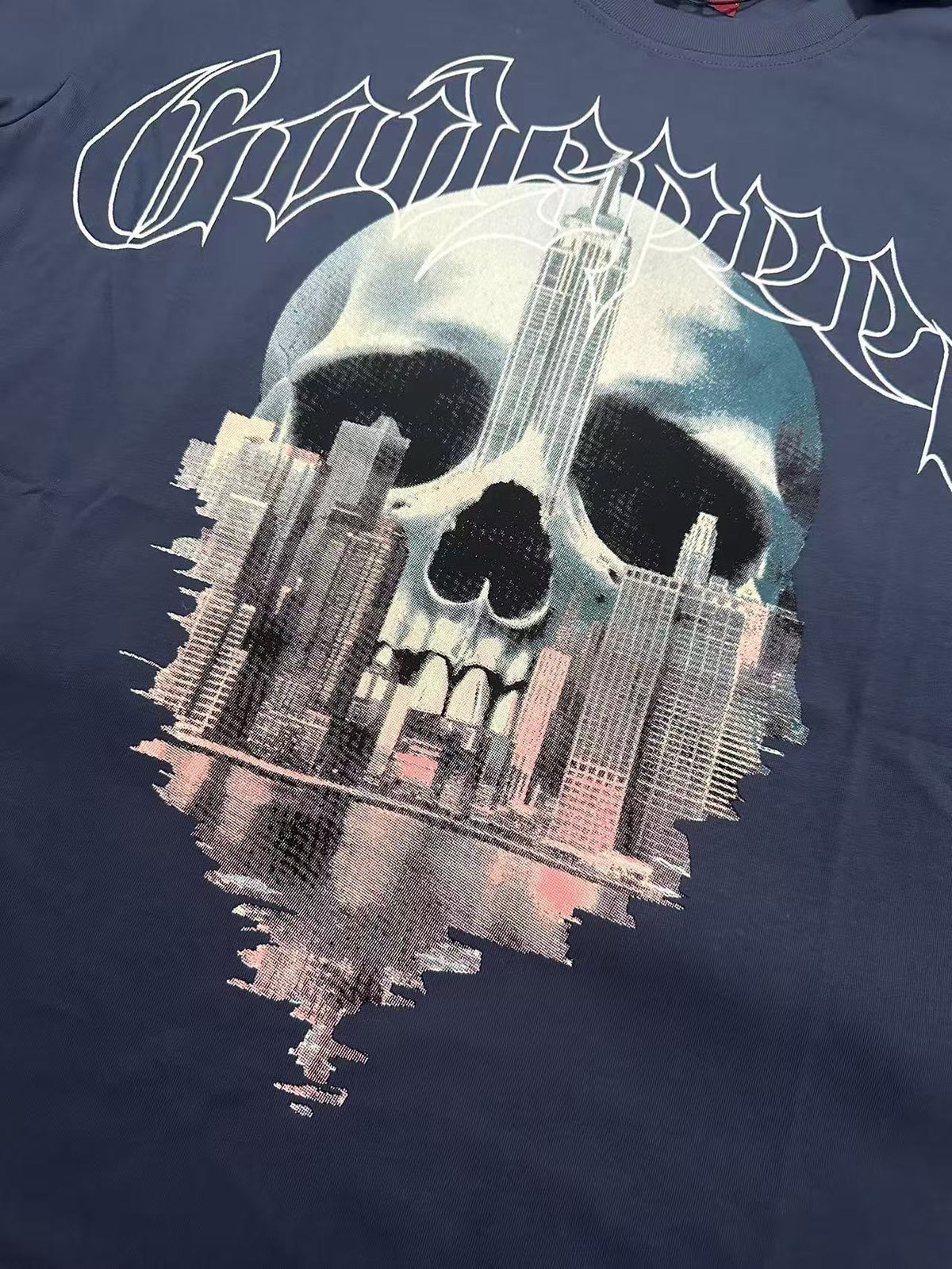 Godspeed NYC Skull Skyline Vintage Graphic Tee (Slate Blue)
