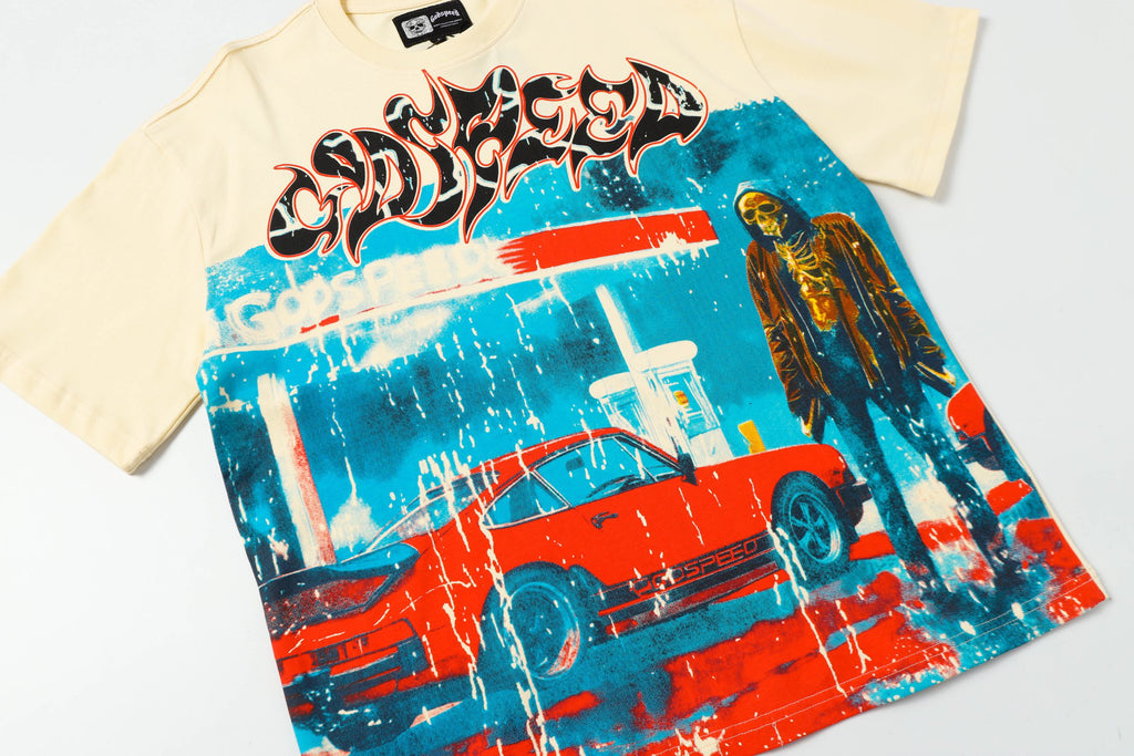 Godspeed Gas Station Classic Car Skeleton Short‑Sleeve T‑Shirt (Cream)