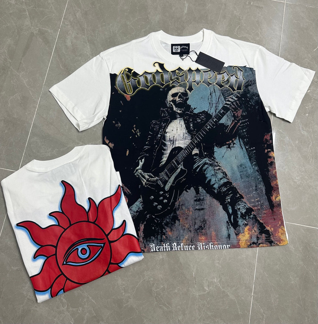 Godspeed Skeleton Rock Guitarist Front‑Back Print Short‑Sleeve Tee (White)