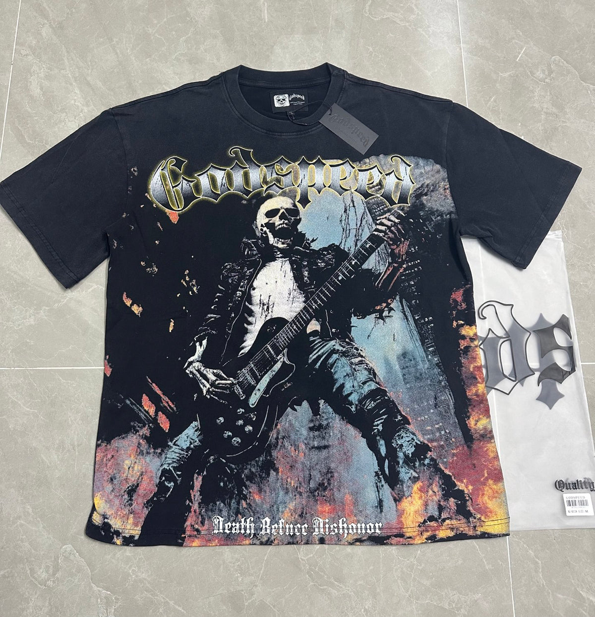 Godspeed Skeleton Rock Guitarist Vintage Wash Short‑Sleeve Tee (Washed Black)
