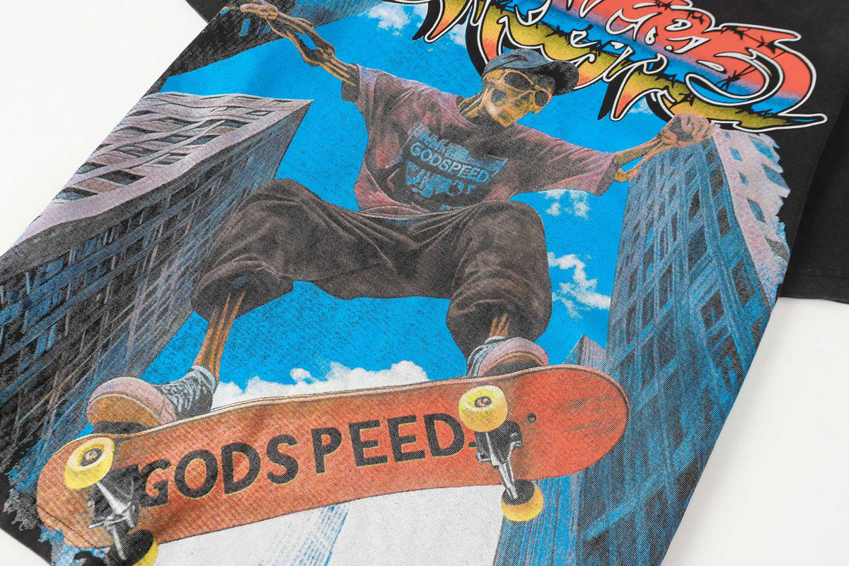 Godspeed Skeleton Skateboard City Graphic T‑Shirt (Washed Black)