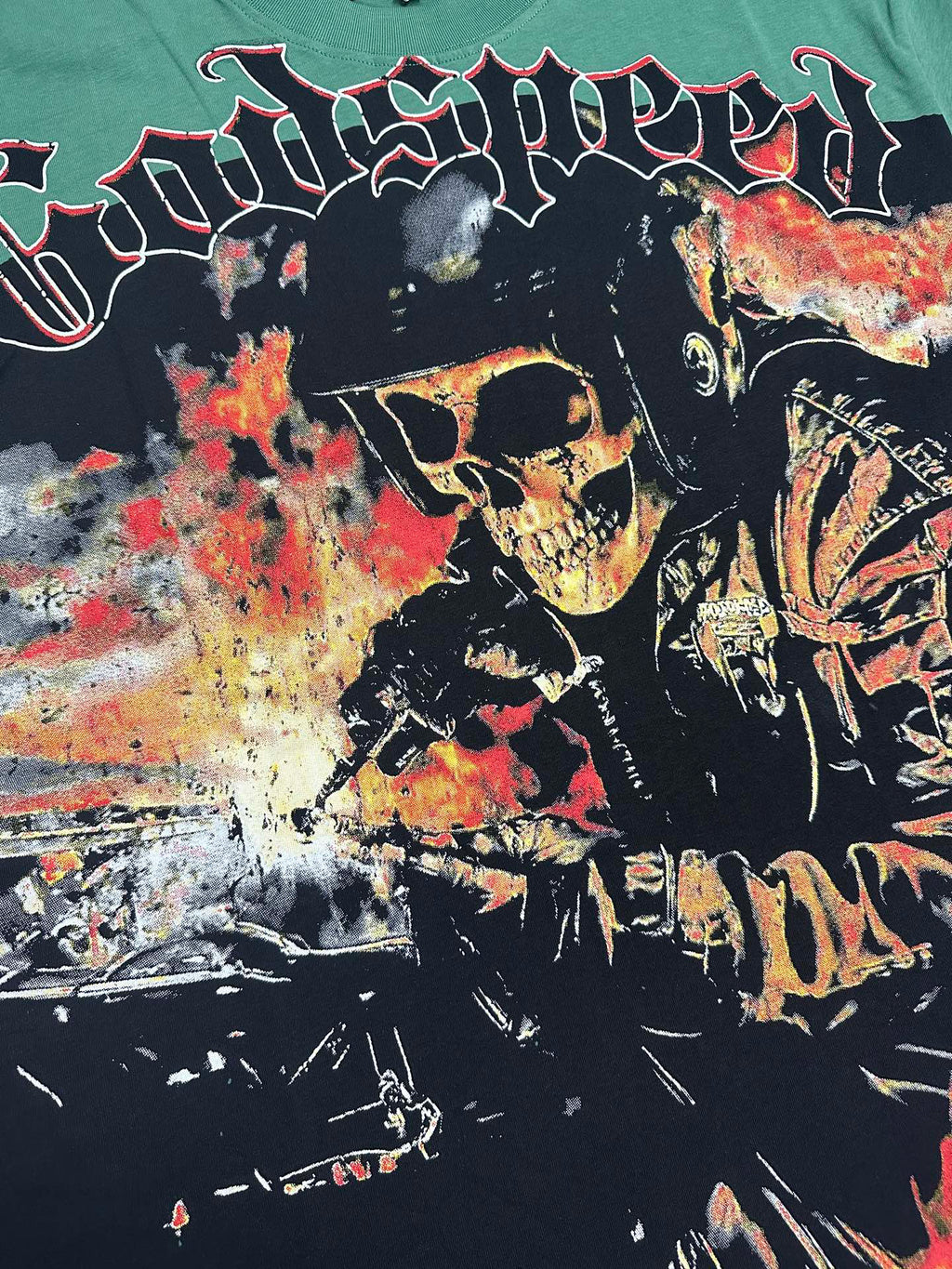 Godspeed Skeleton Biker Vintage Short‑Sleeve Tee (Green)