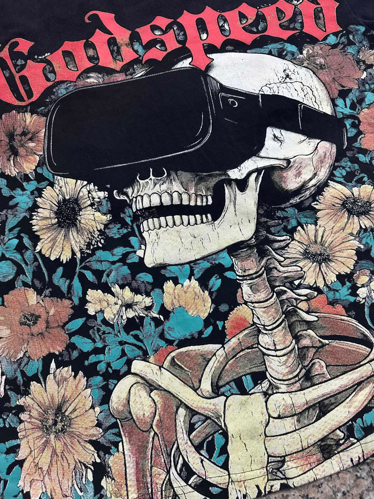 Godspeed VR‑Headset Skeleton Floral Vintage Short‑Sleeve Tee (Washed Black)